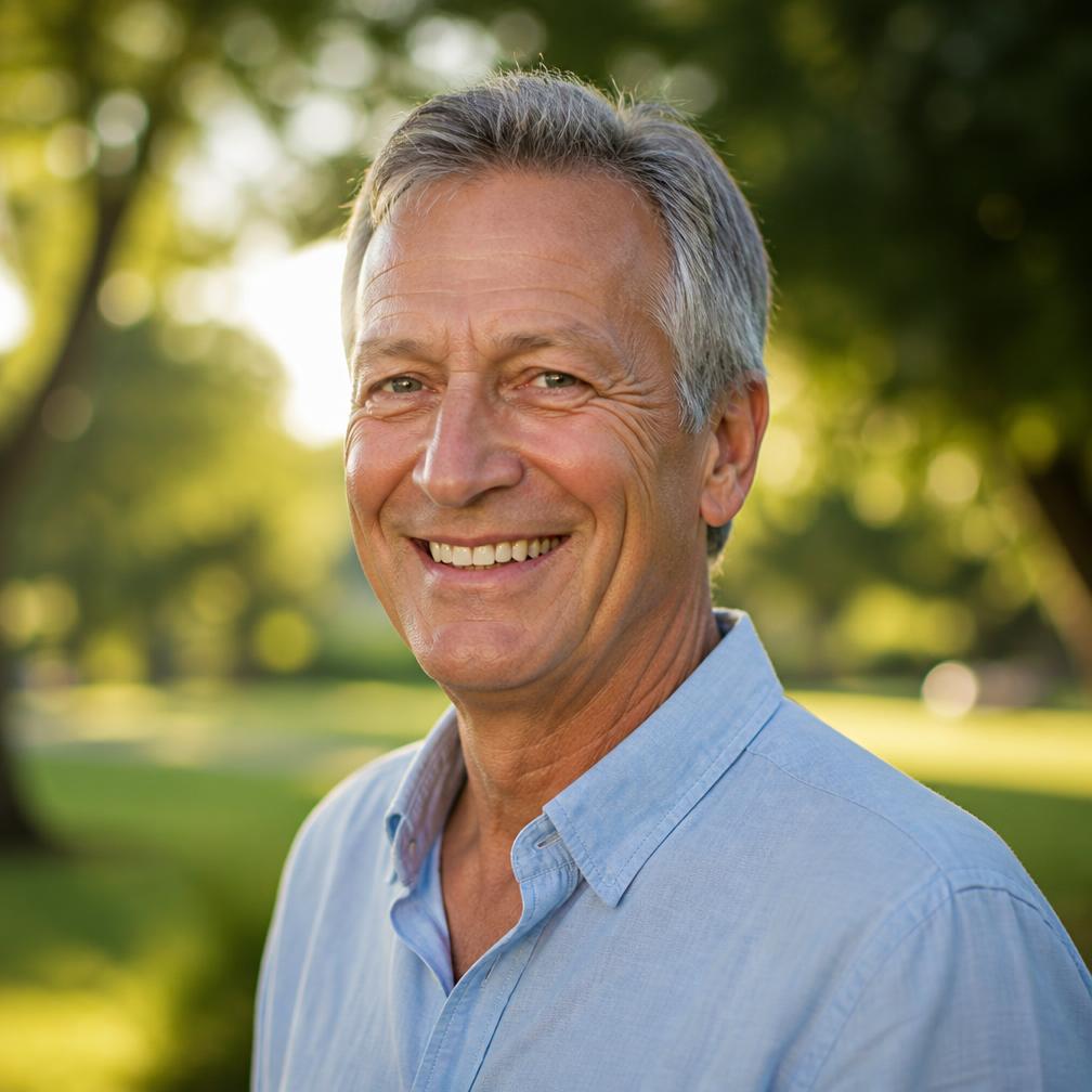 Smiling man in his sixties outdoors